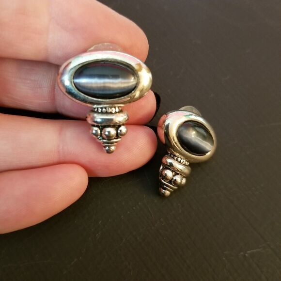 Silver Earring Dark Grey Cat Eye Stone - Picture 1 of 3